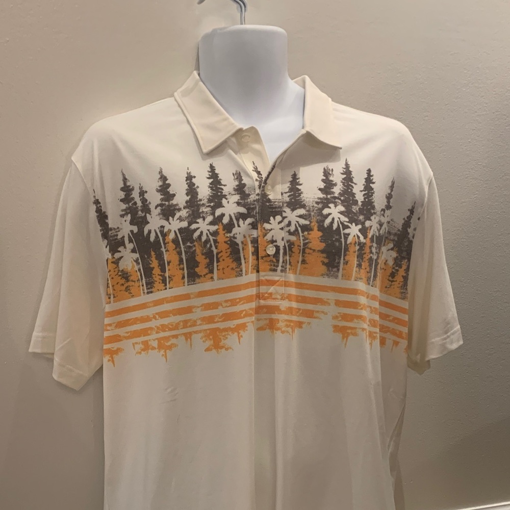 Puma Cream Polo with Orange and Brown Tropical Stripe Print